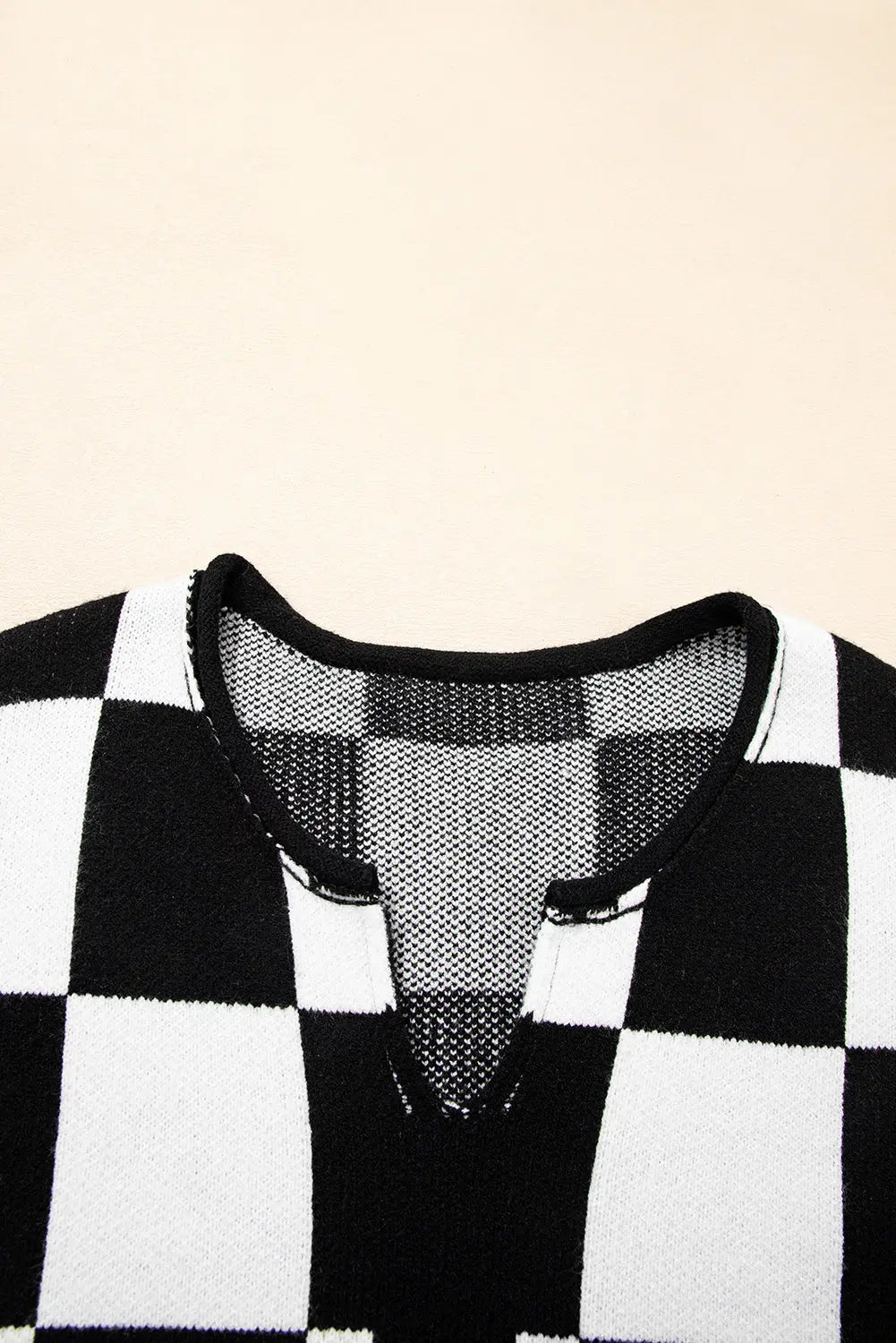 Black Checked Notched Neckline Drop Shoulder Knit Sweater Dear-Lover Dropshipping