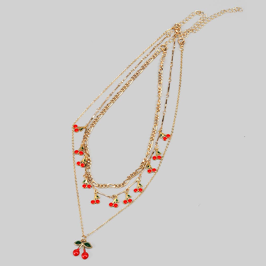 THREE PIECE LAYERED CHERRY CHARM CHAIN NECKLACE