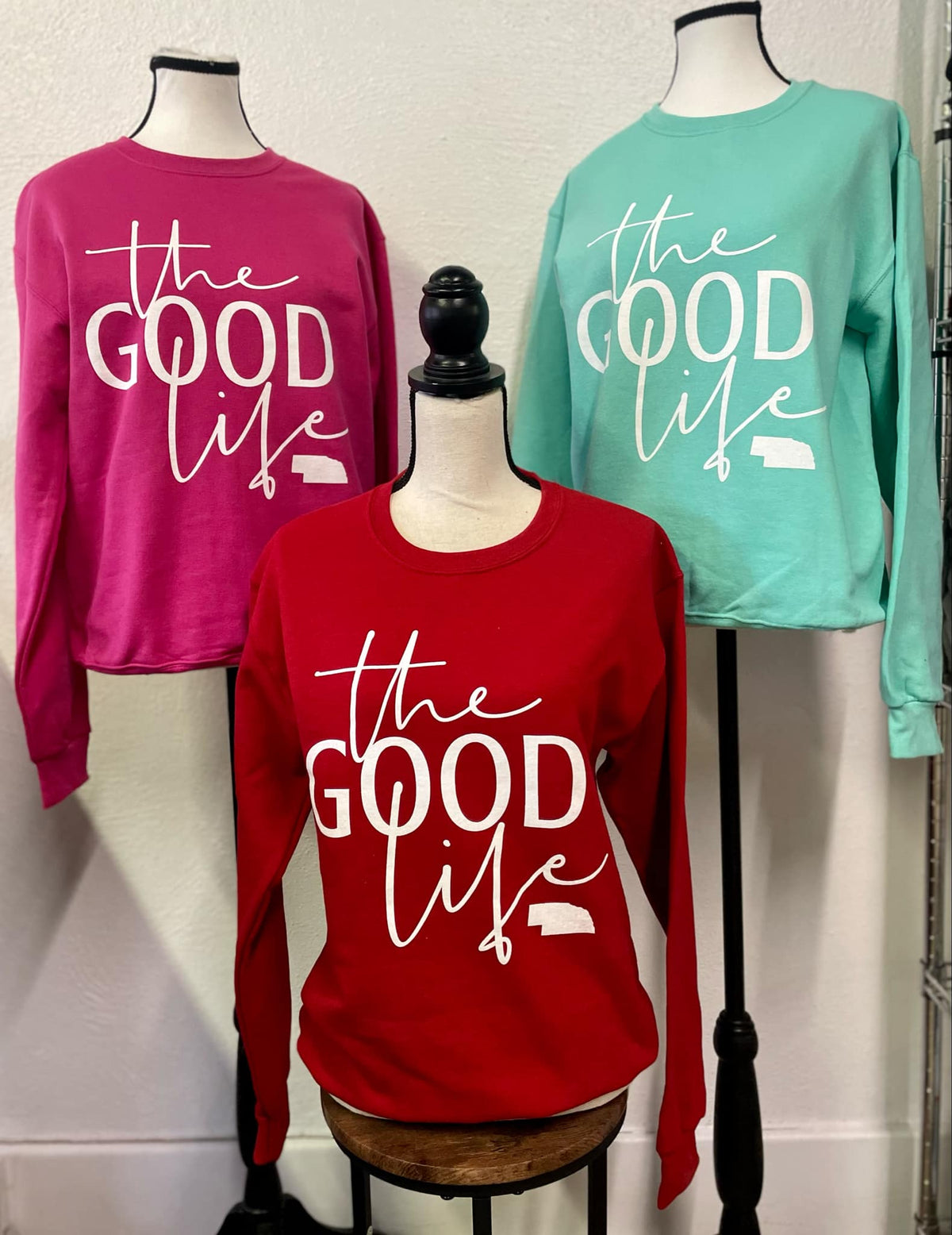 Nebraska the GOOD life (with state) Sweatshirts - In True Red