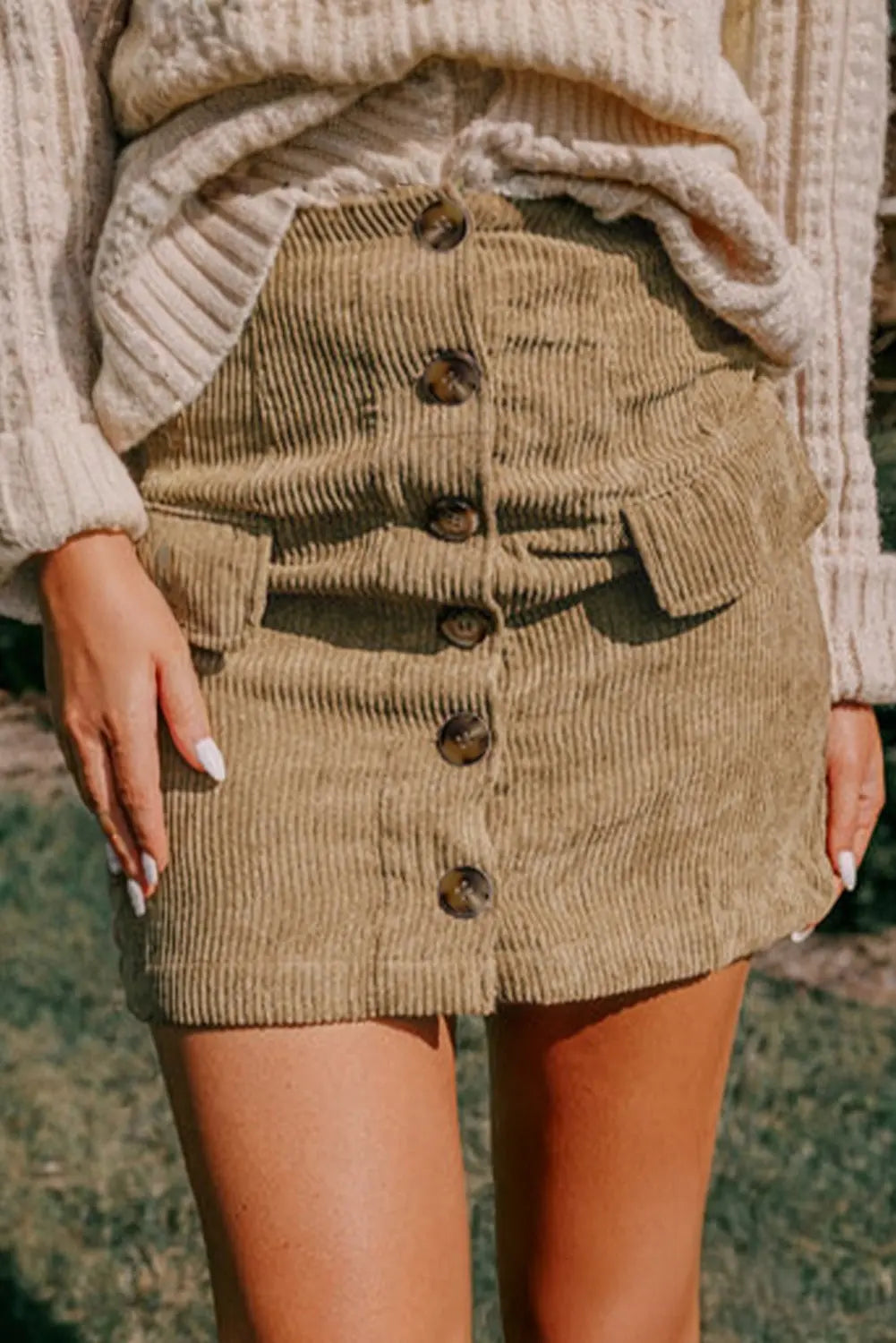 Camel Corduroy Buttoned Front Faux Pockets Mini Skirt Dear-Lover Dropshipping