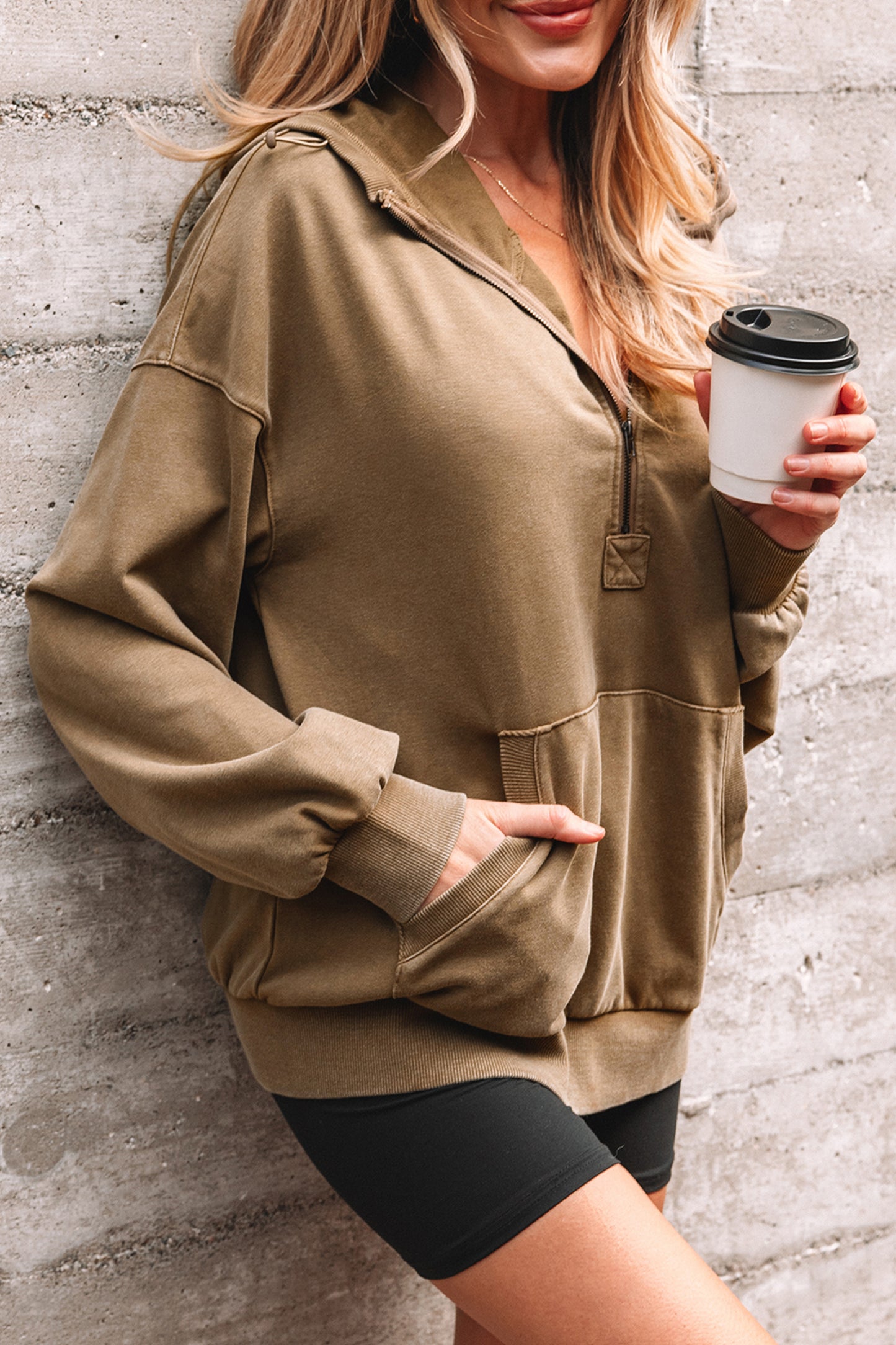 Elmwood Half Zip Kangaroo Pocket Mineral Wash Baggy Hoodie