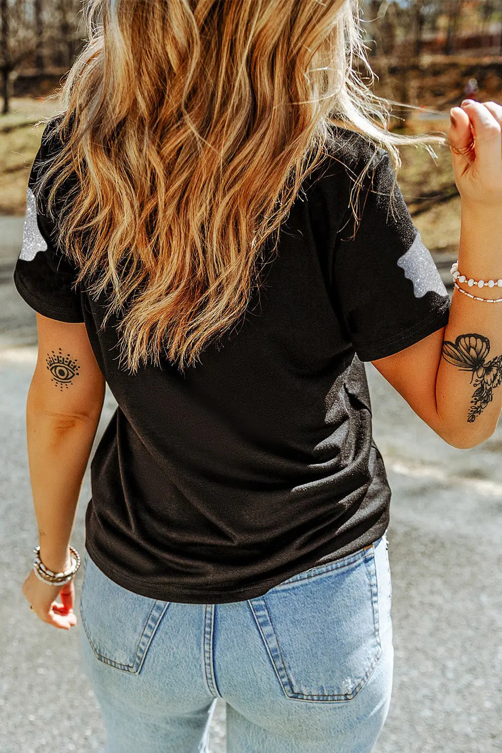 Black Glitter Ghost Pattern Crew Neck Halloween T Shirt Dear-Lover Dropshipping