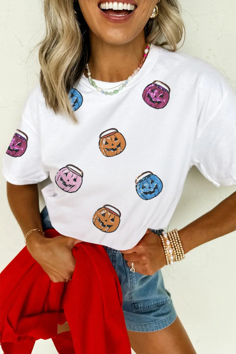 White Sequin Pumpkin Face Patched Crew Neck Holiday T Shirt Dear-Lover Dropshipping