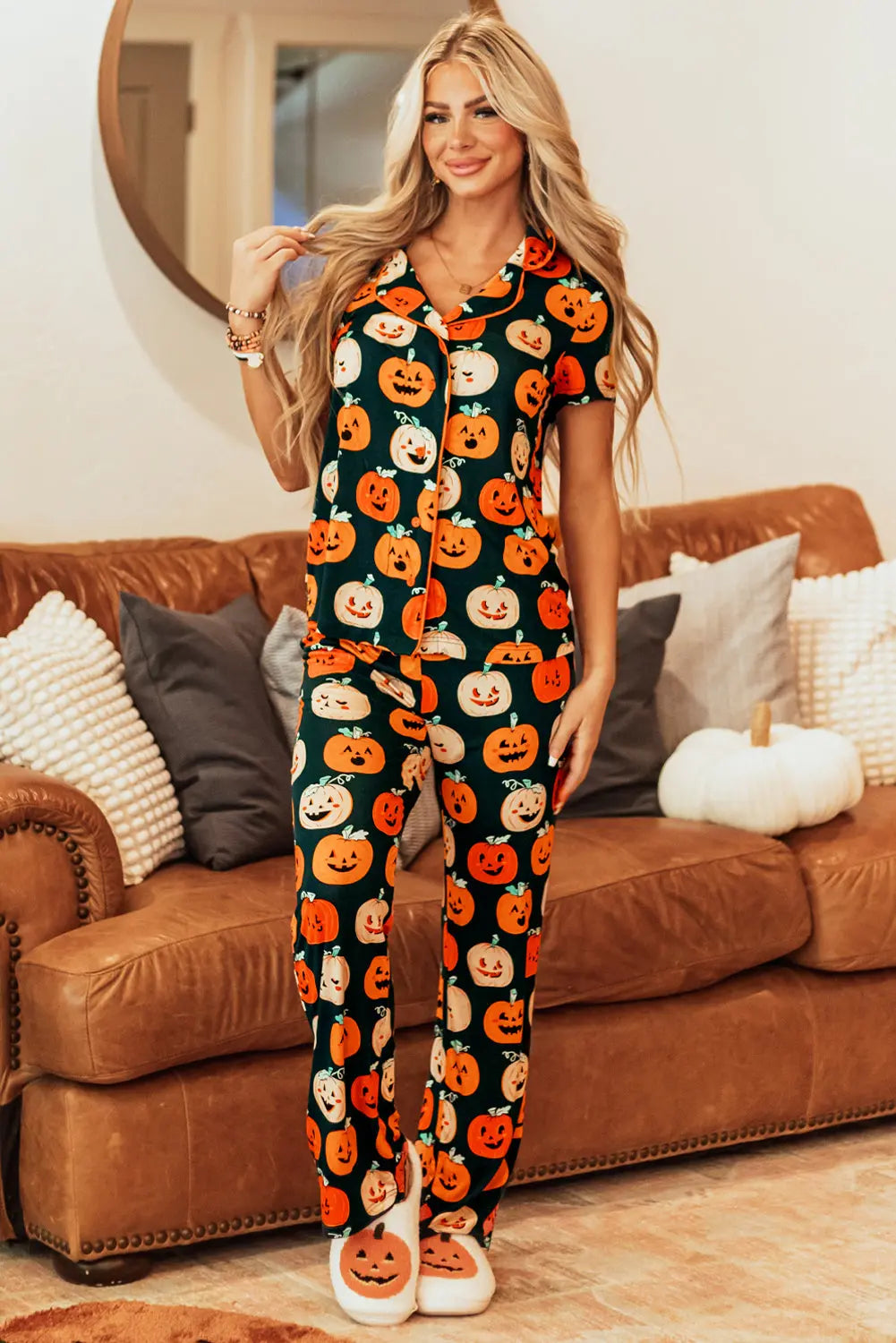 Orange Halloween Pattern Short Sleeve Shirt Pajama Set Dear-Lover Dropshipping
