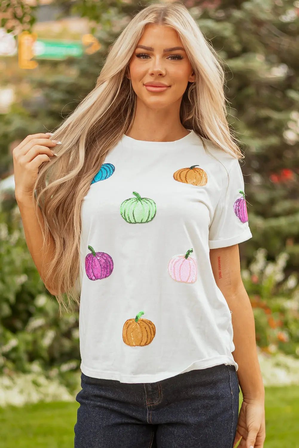 White Sequin Pumpkin Patched Cotton Blend T Shirt Dear-Lover Dropshipping