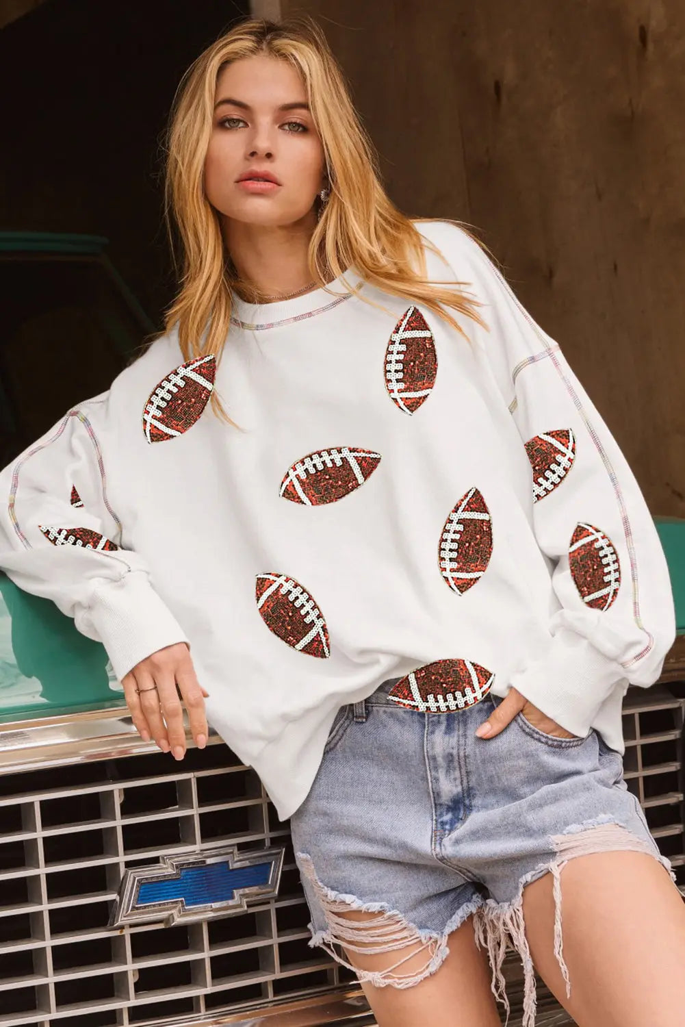 White Sequin Rugby Football Pattern Exposed Seam Game Day Sweatshirt Dear-Lover Dropshipping