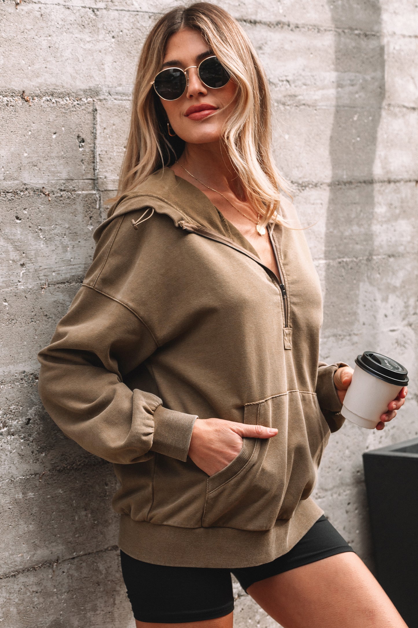 Elmwood Half Zip Kangaroo Pocket Mineral Wash Baggy Hoodie