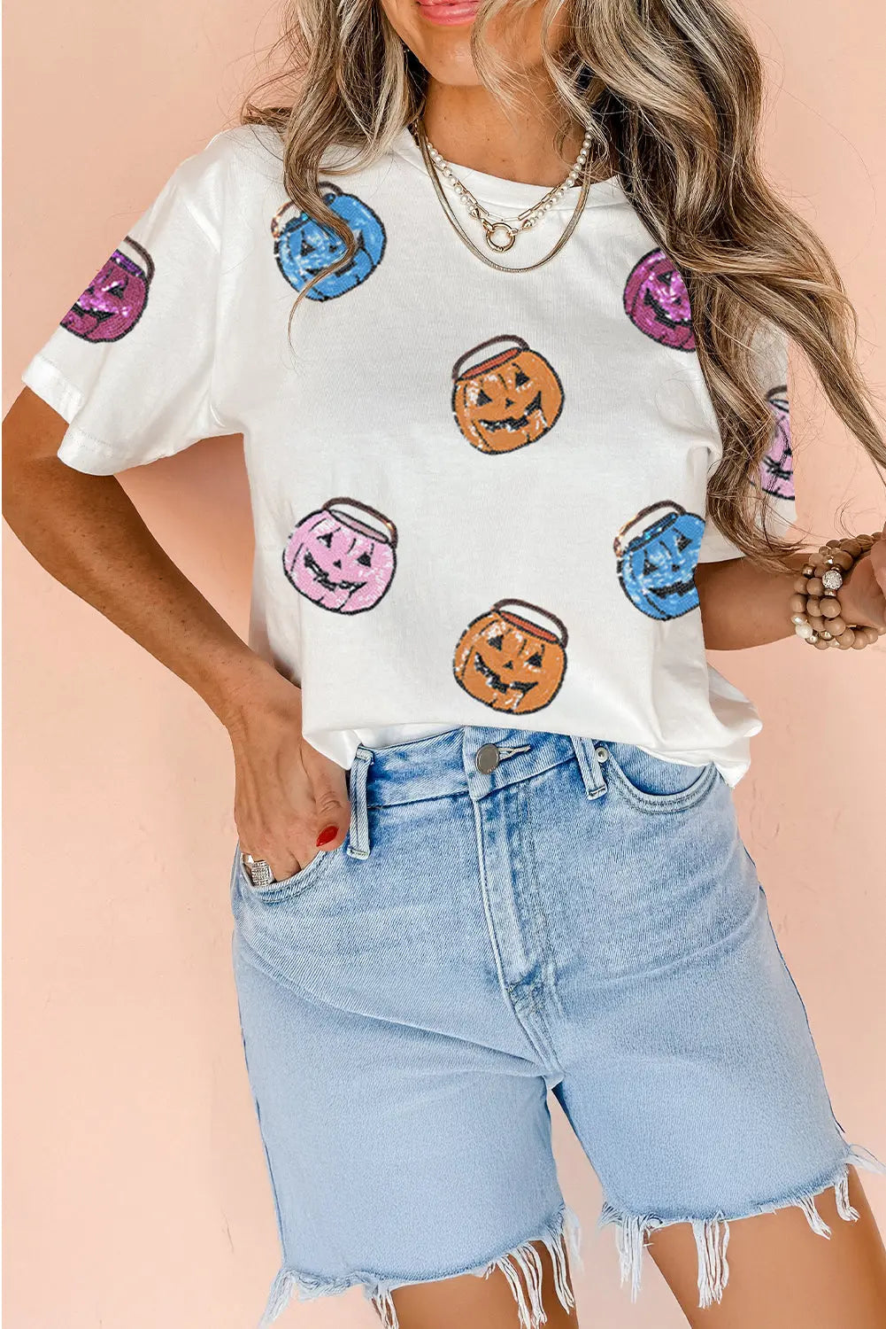 White Sequin Pumpkin Face Patched Crew Neck Holiday T Shirt Dear-Lover Dropshipping