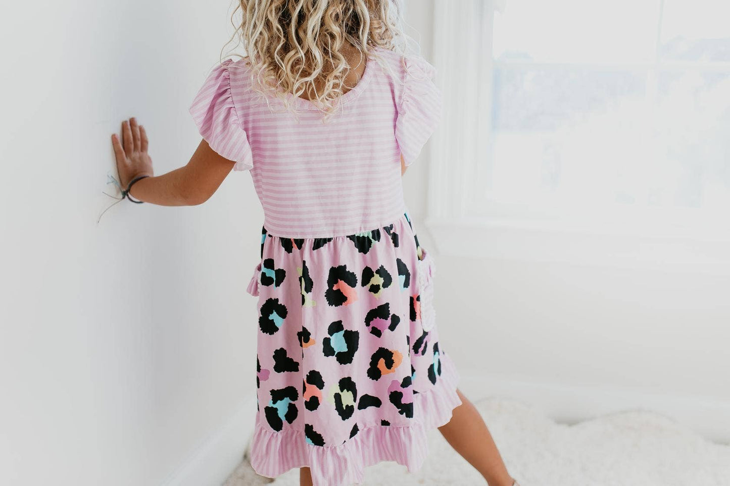 Kids Lavender Stripe & Leopard Ruffle Pocket Spring Dress