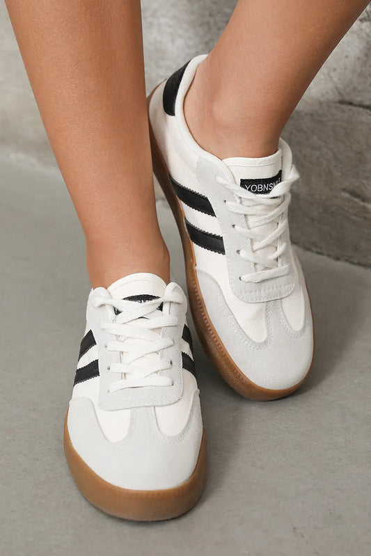 White Striped Lace-up Flat Sneakers Dear-Lover Dropshipping