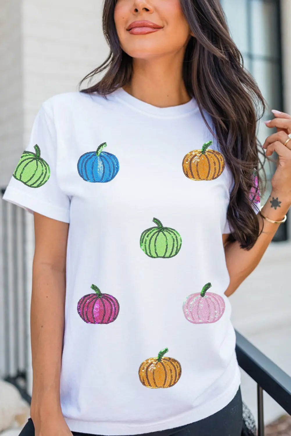 White Sequin Pumpkin Patched Cotton Blend T Shirt Dear-Lover Dropshipping