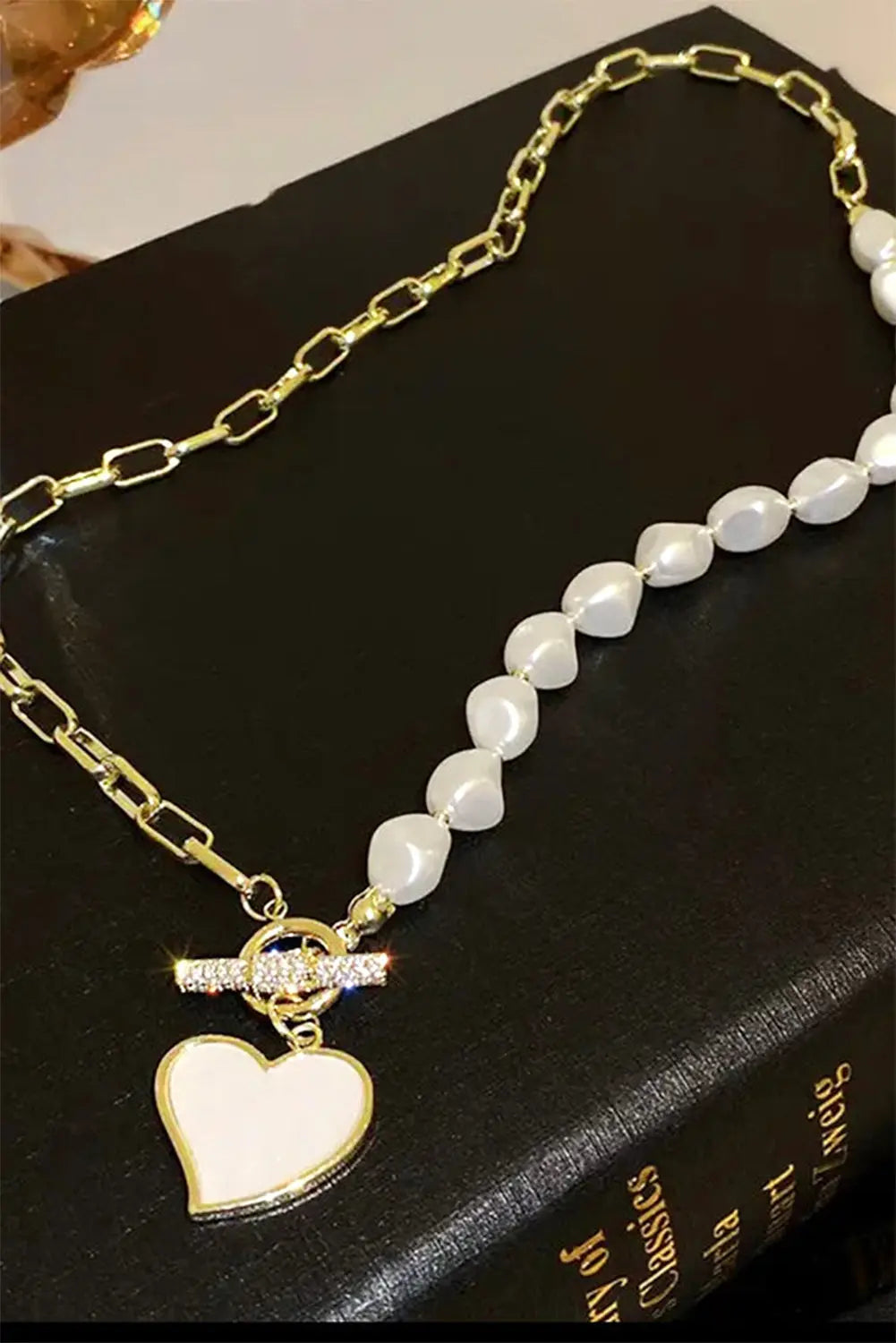 Gold Heart Shape Pendant Rhinestone Decor Pearl Chain Necklace Dear-Lover Dropshipping