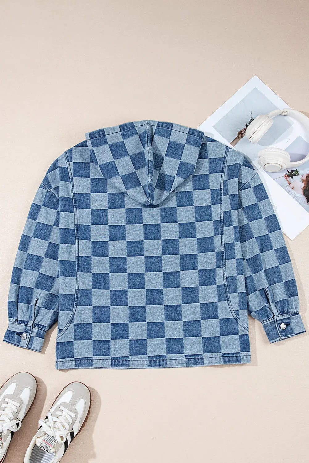 Sky Blue Checkerboard Zipped Neck Kangaroo Pocket Denim Hoodie Dear-Lover Dropshipping