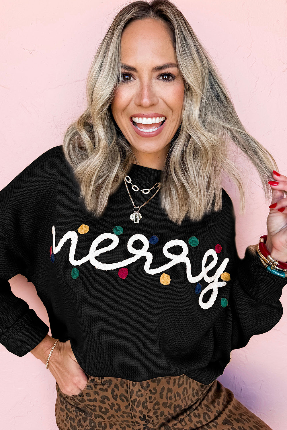 Black Merry Colorful Dot Detail Christmas Drop Shoulder Sweater