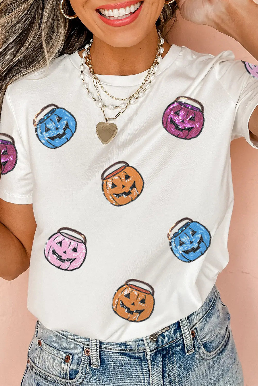 White Sequin Pumpkin Face Patched Crew Neck Holiday T Shirt Dear-Lover Dropshipping