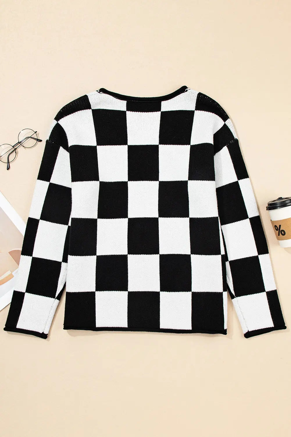 Black Checked Notched Neckline Drop Shoulder Knit Sweater Dear-Lover Dropshipping
