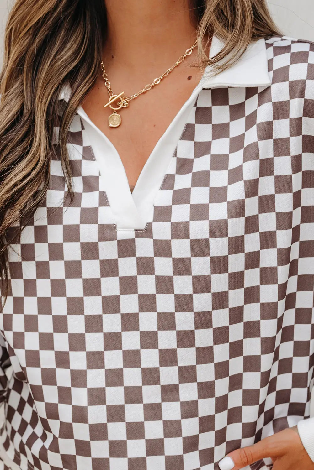 Khaki Checkered Print Polo Collar Cropped Long Sleeve Top Drawstring Mini Skirt Set Dear-Lover Dropshipping