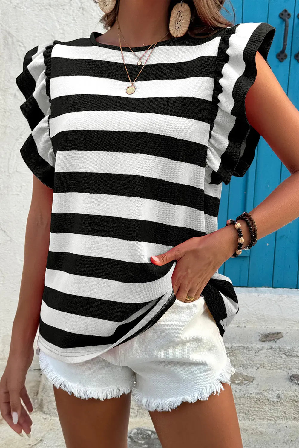 Black Stripe Flutter Sleeve Round Neck T Shirt Dear-Lover Dropshipping