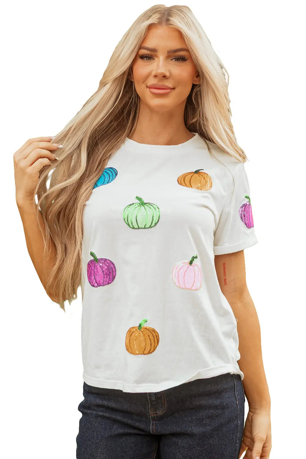 White Sequin Pumpkin Patched Cotton Blend T Shirt Dear-Lover Dropshipping