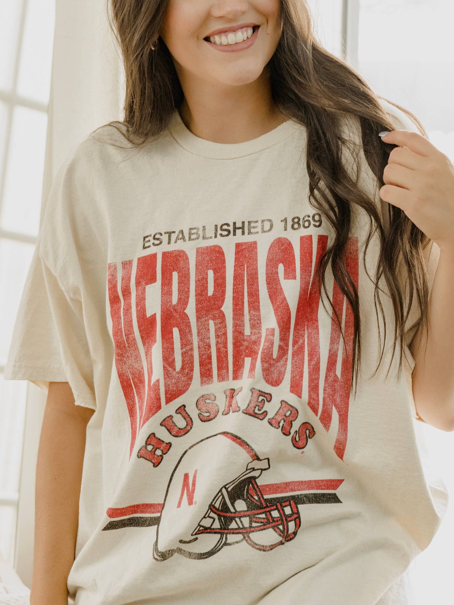 Nebraska Established Date Helmet Off White Thrifted Tee *WILL SHIP 2ND WEEK OF AUGUST*