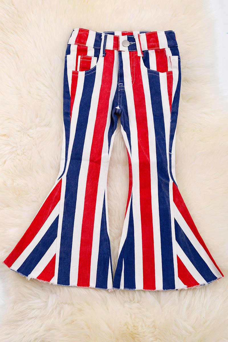 Navy blue, red & white stripe bootcut denim pants. *SHIPS AROUND MAY 11TH*