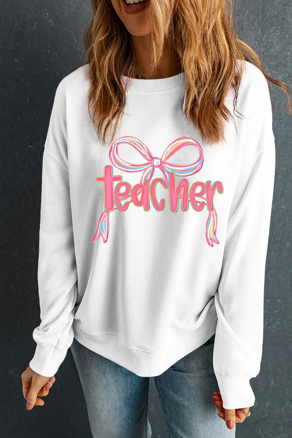 White Teacher Bow PNG Graphic Pullover Sweatshirt Dear-Lover Dropshipping