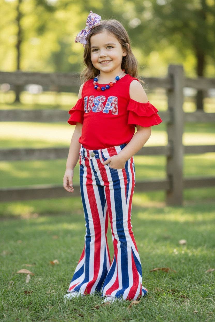 Navy blue, red & white stripe bootcut denim pants. *SHIPS AROUND MAY 11TH*