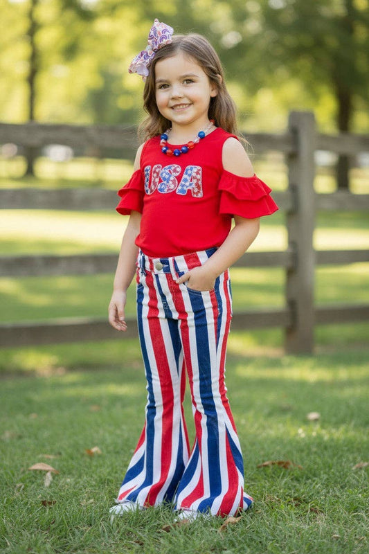 Navy blue, red & white stripe bootcut denim pants. *SHIPS AROUND MAY 11TH*