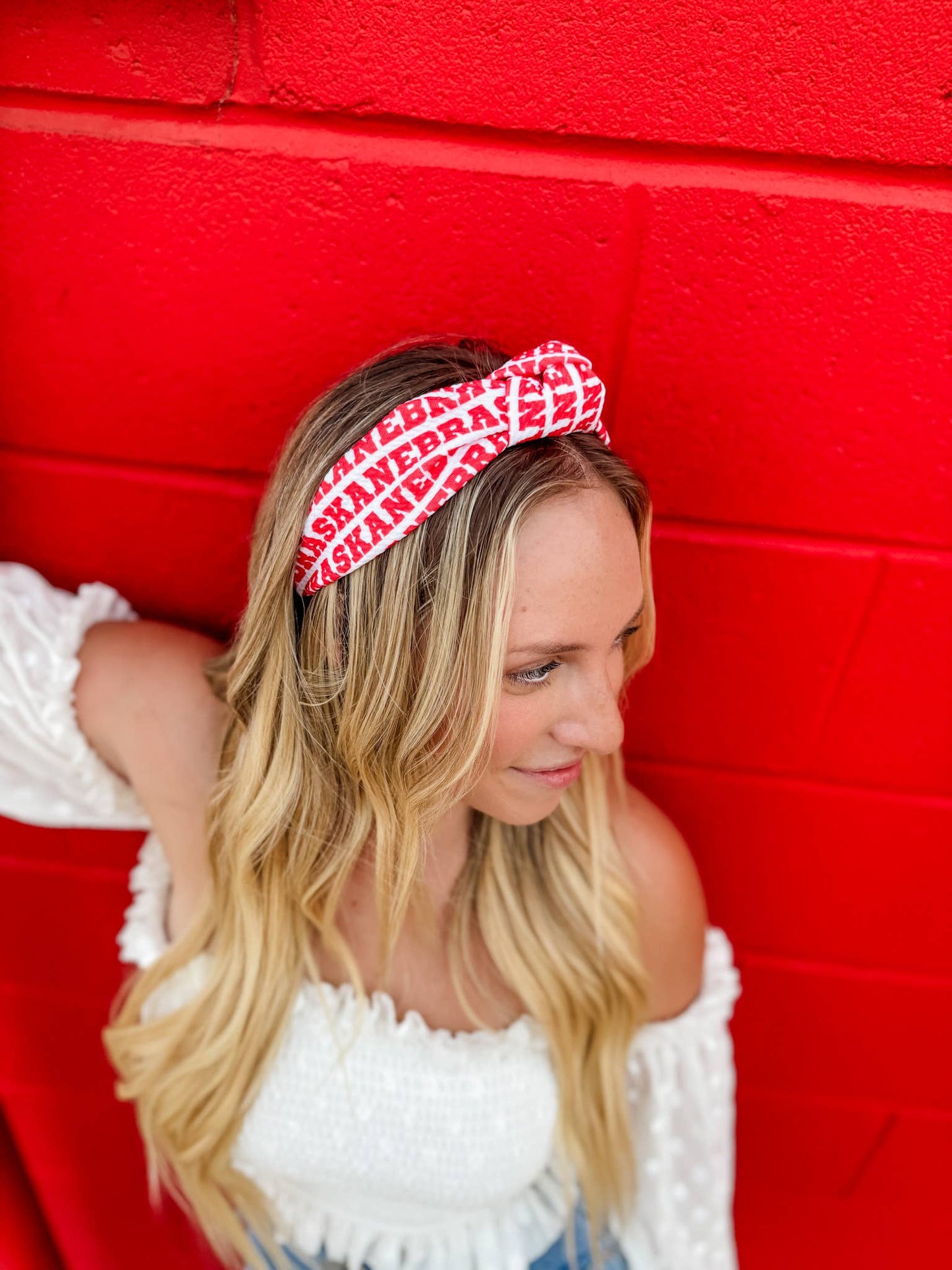 Red Nebraska Printed Structured Headband
