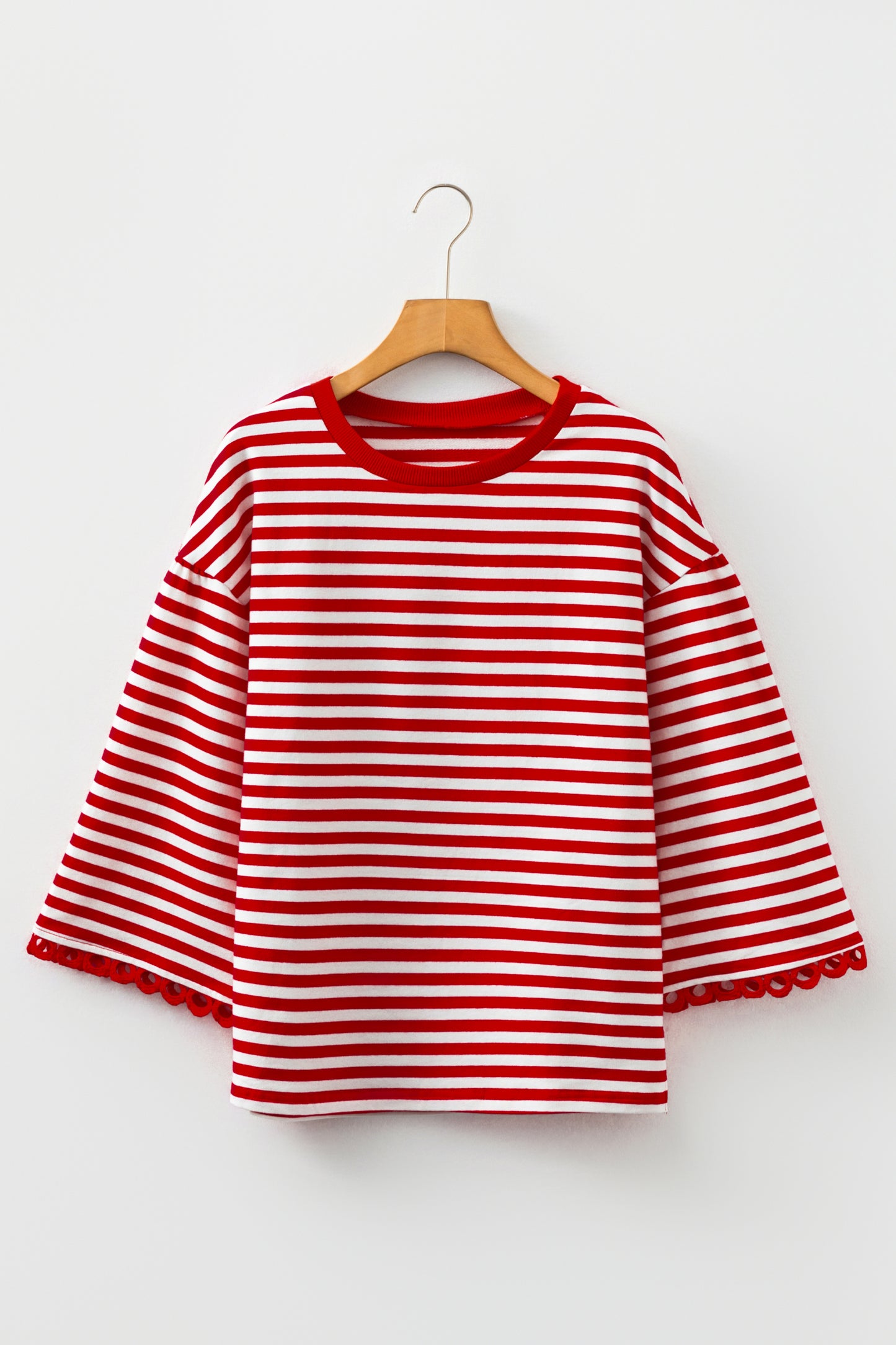 Racing Red Striped Print Drop Shoulder Lace Trim Bracelet Sleeve Loose Top