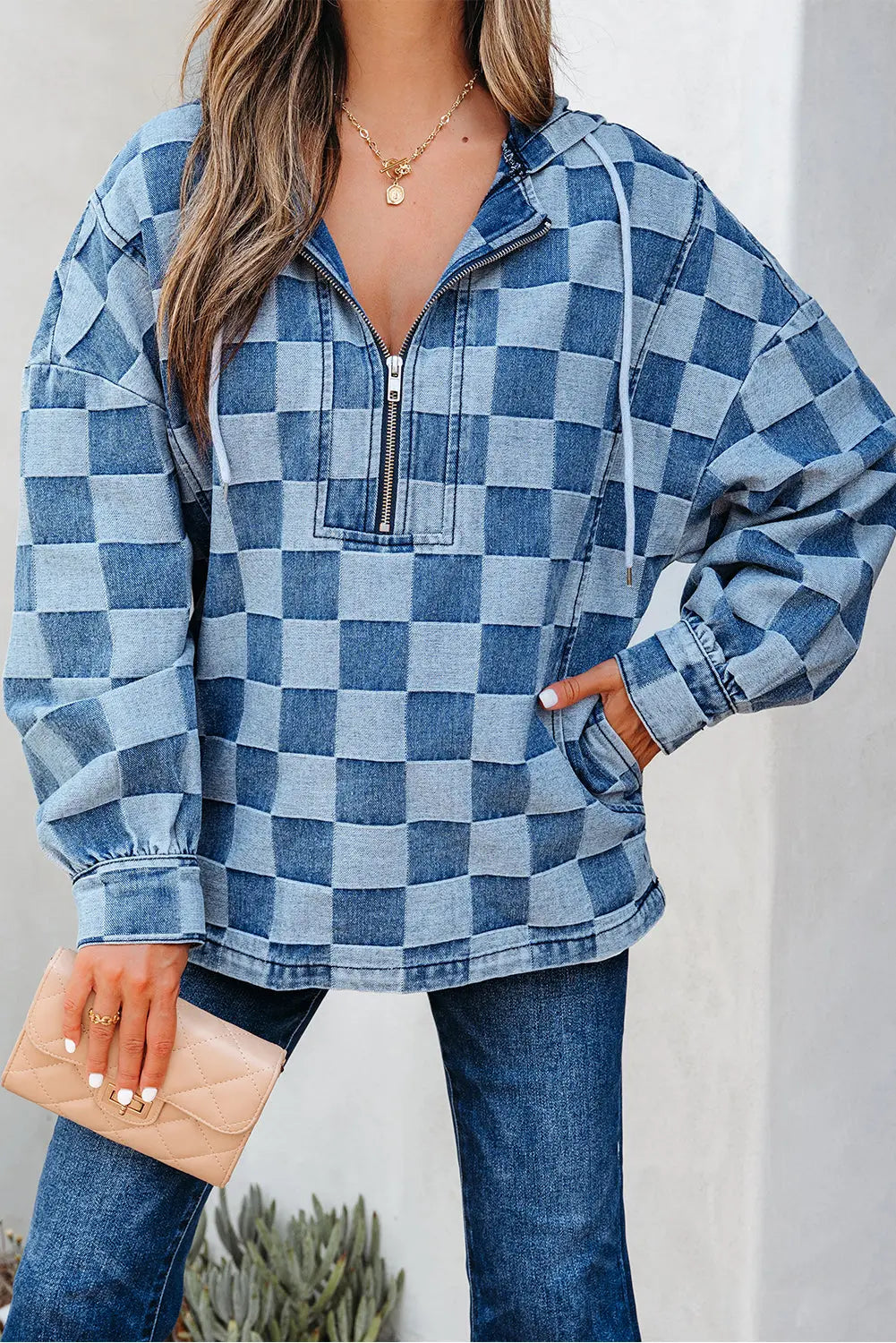 Sky Blue Checkerboard Zipped Neck Kangaroo Pocket Denim Hoodie Dear-Lover Dropshipping