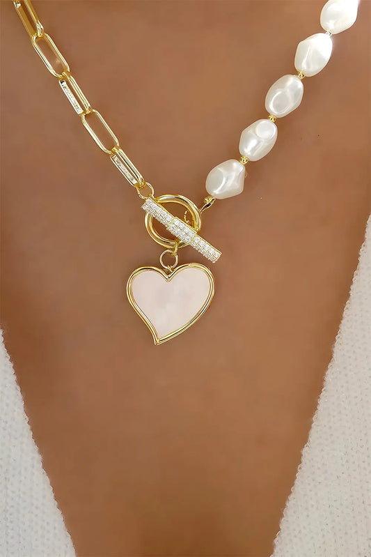 Gold Heart Shape Pendant Rhinestone Decor Pearl Chain Necklace Dear-Lover Dropshipping