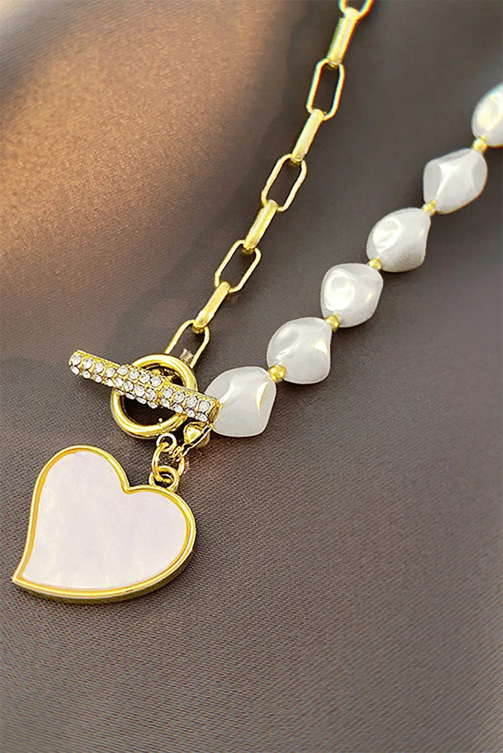 Gold Heart Shape Pendant Rhinestone Decor Pearl Chain Necklace Dear-Lover Dropshipping