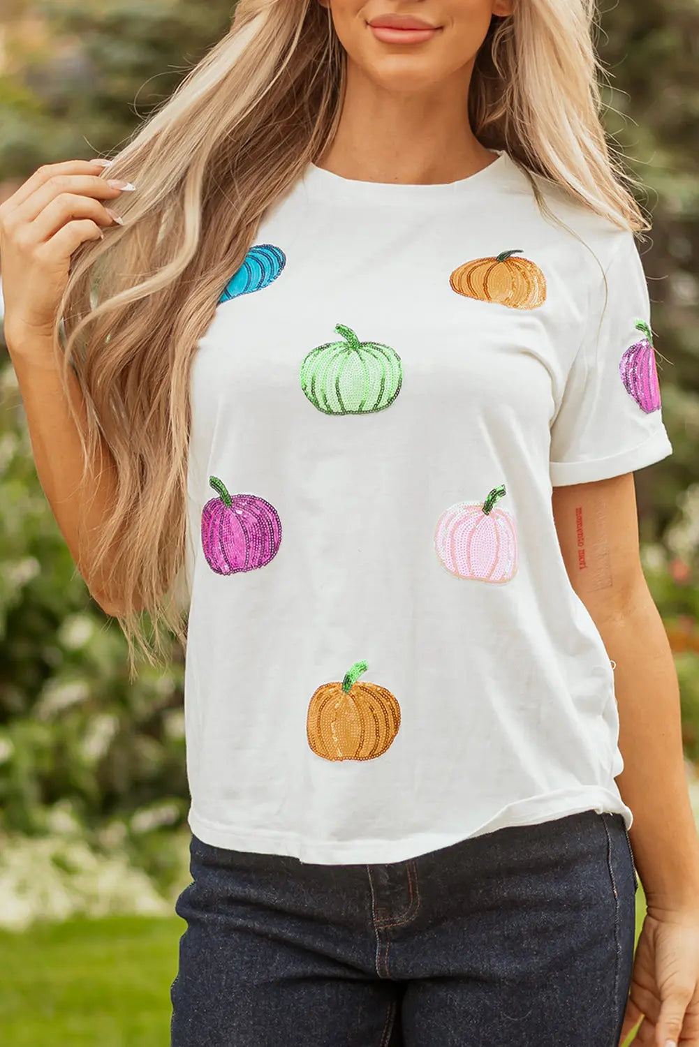 White Sequin Pumpkin Patched Cotton Blend T Shirt Dear-Lover Dropshipping