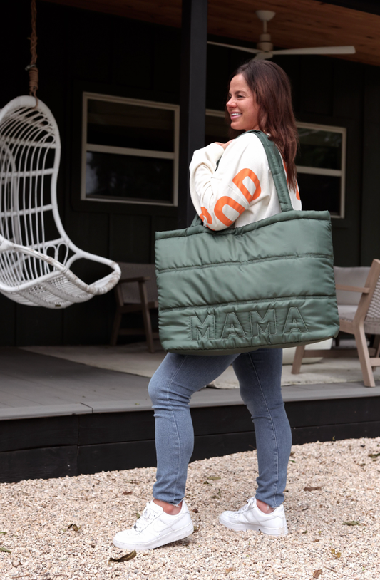 Carry All Puffer Tote- Mama (Olive) - * SHIPS AROUND MARCH 25TH *