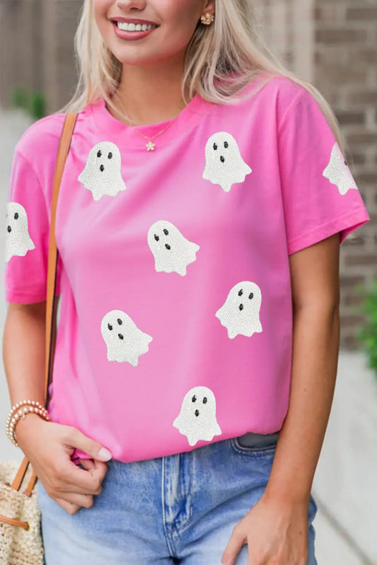 Sachet Pink Sequin Halloween Ghost Patched Casual T Shirt Dear-Lover Dropshipping