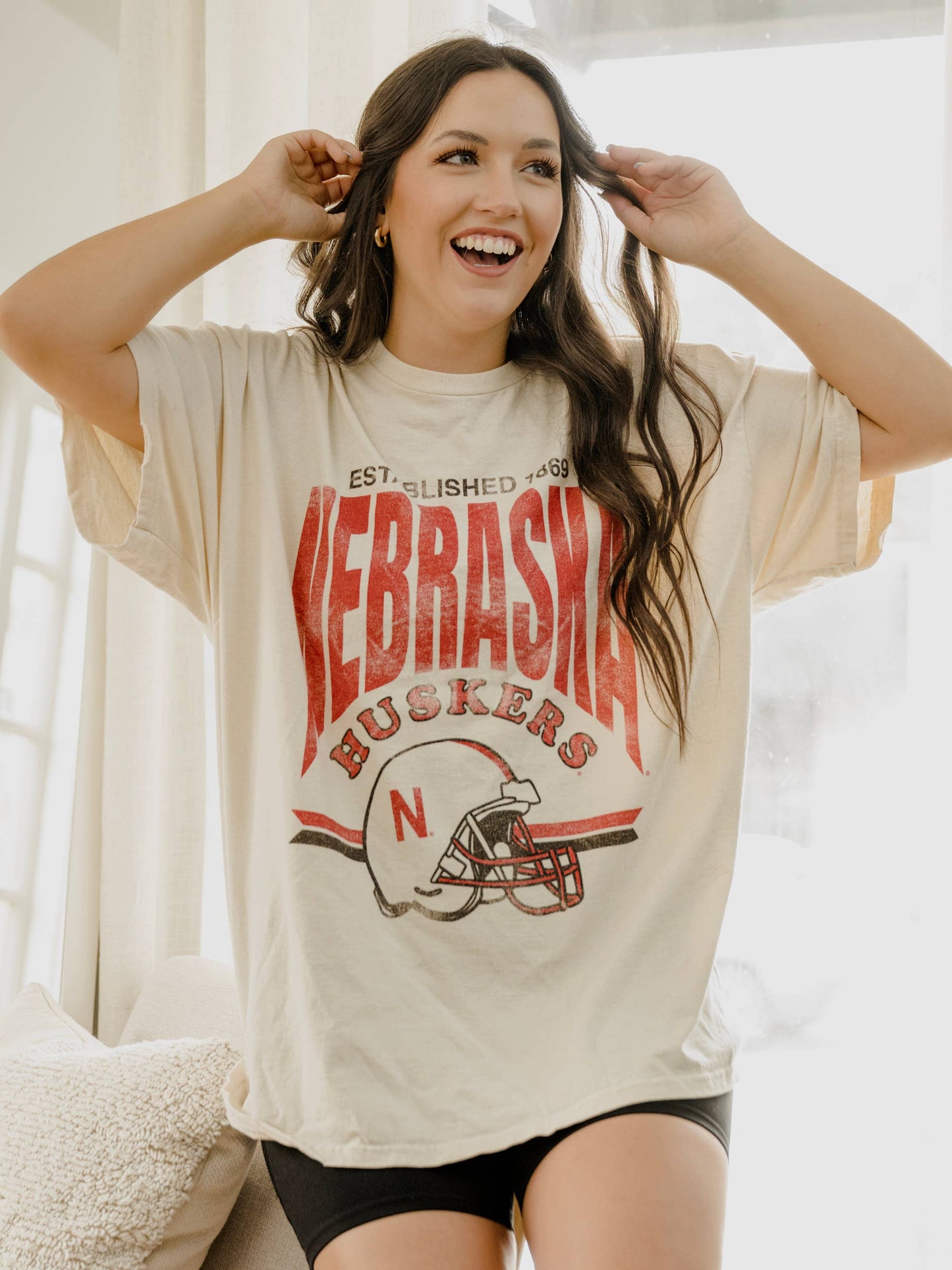 Nebraska Established Date Helmet Off White Thrifted Tee *WILL SHIP 2ND WEEK OF AUGUST*