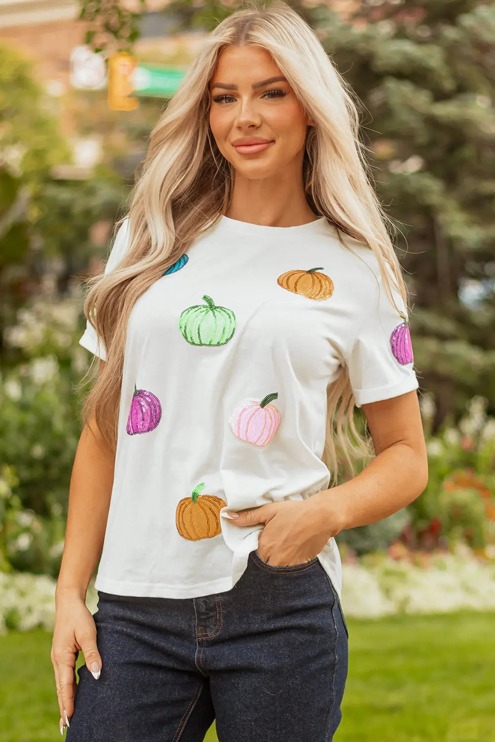 White Sequin Pumpkin Patched Cotton Blend T Shirt Dear-Lover Dropshipping