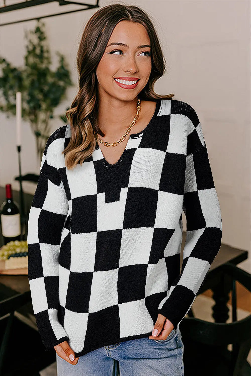 Black Checked Notched Neckline Drop Shoulder Knit Sweater Dear-Lover Dropshipping