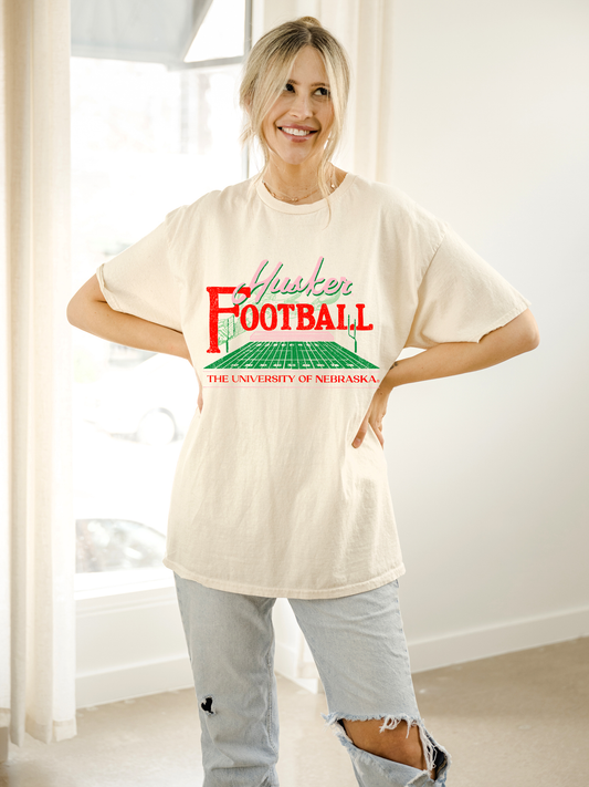 Nebraska Huskers Football Field Off White Thrifted Tee