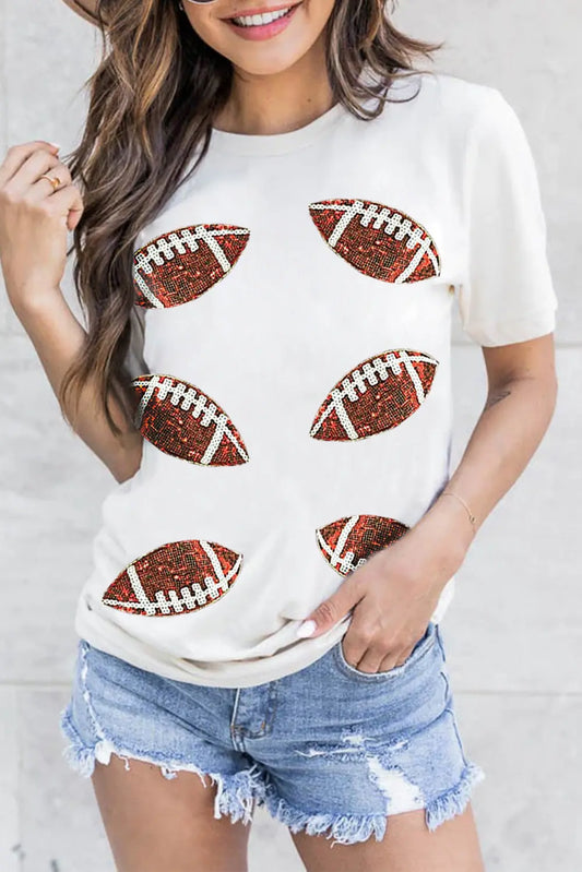 White Sequined Rugby Football Graphic Cotton T Shirt Dear-Lover Dropshipping