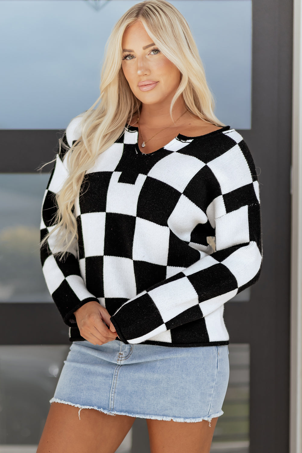 Black Checked Notched Neckline Drop Shoulder Knit Sweater