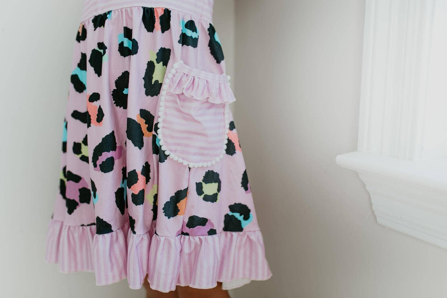 Kids Lavender Stripe & Leopard Ruffle Pocket Spring Dress