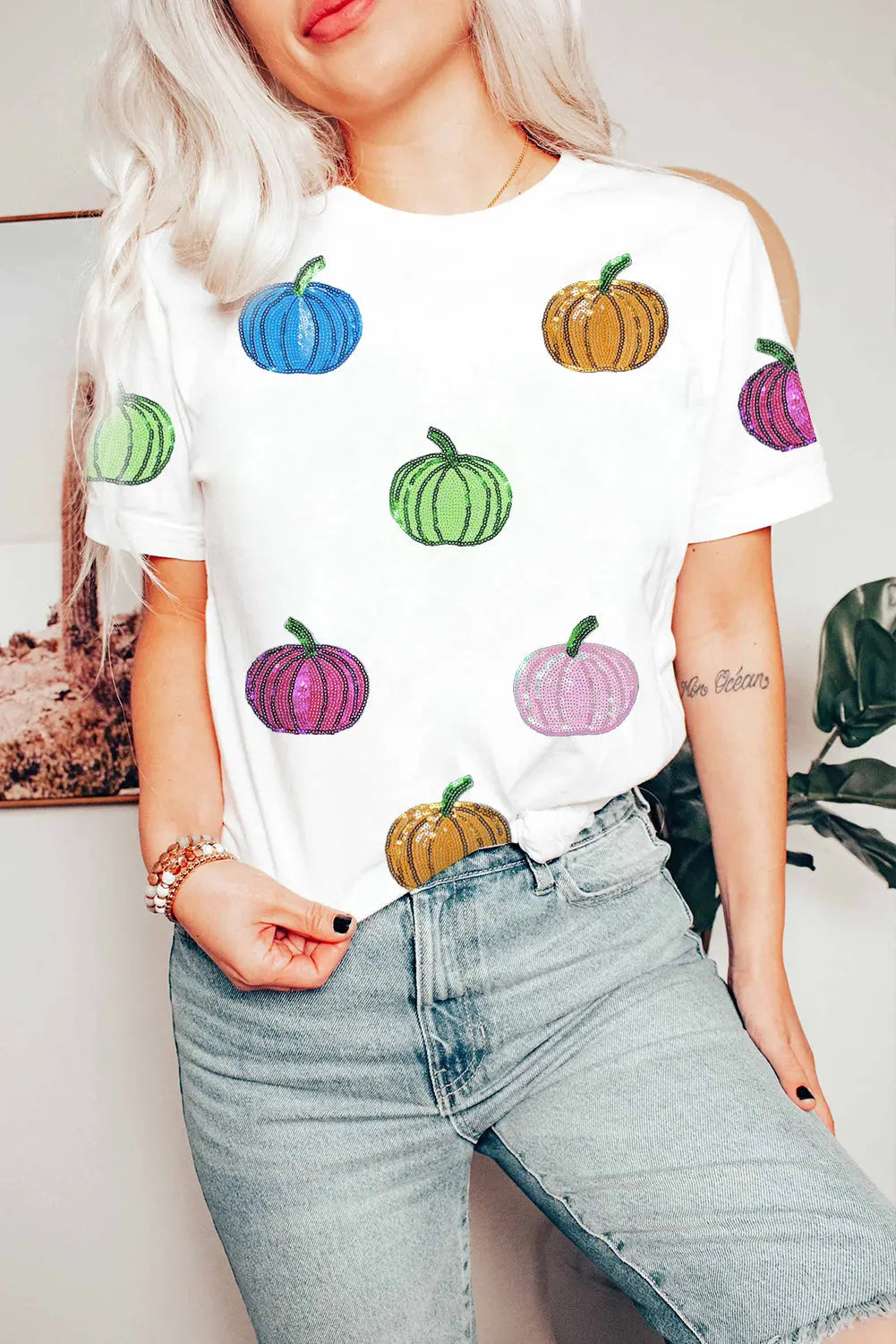White Sequin Pumpkin Patched Cotton Blend T Shirt Dear-Lover Dropshipping
