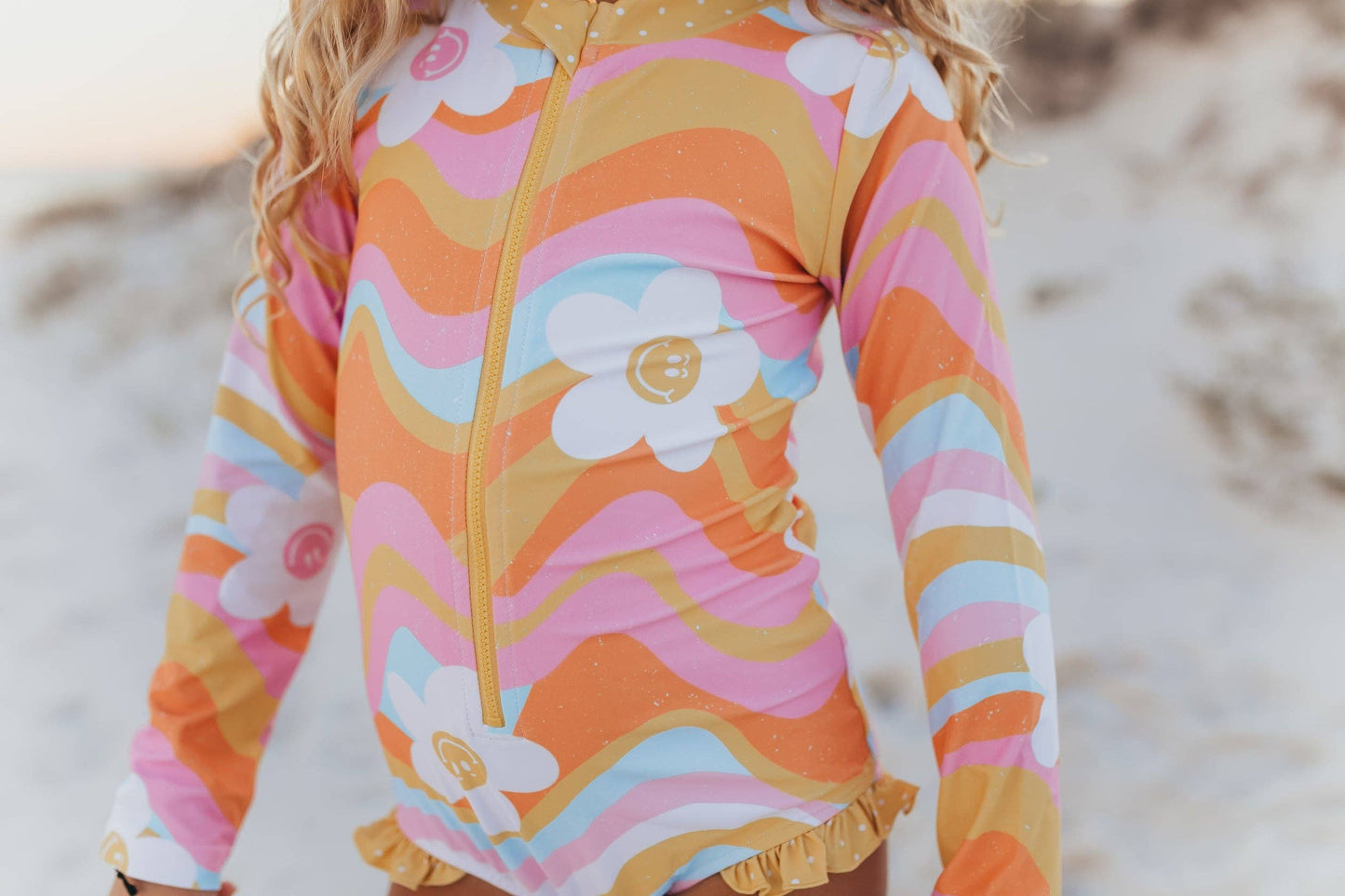 Kids Retro Flower Wave Zip Rash Guard One Piece Swimsuit