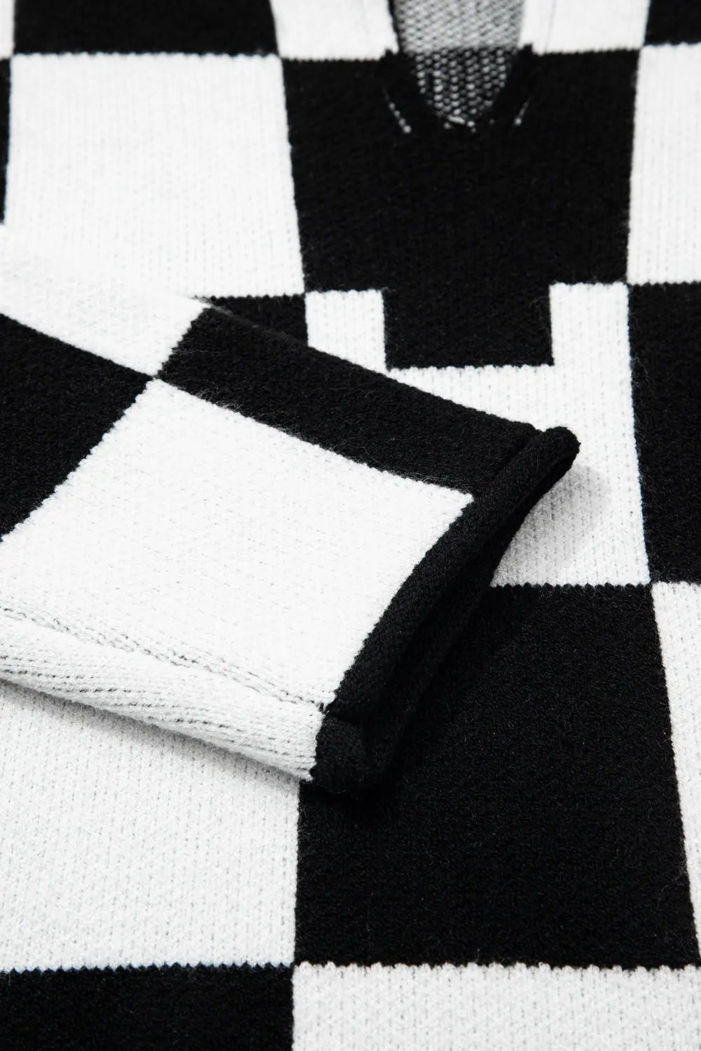 Black Checked Notched Neckline Drop Shoulder Knit Sweater Dear-Lover Dropshipping