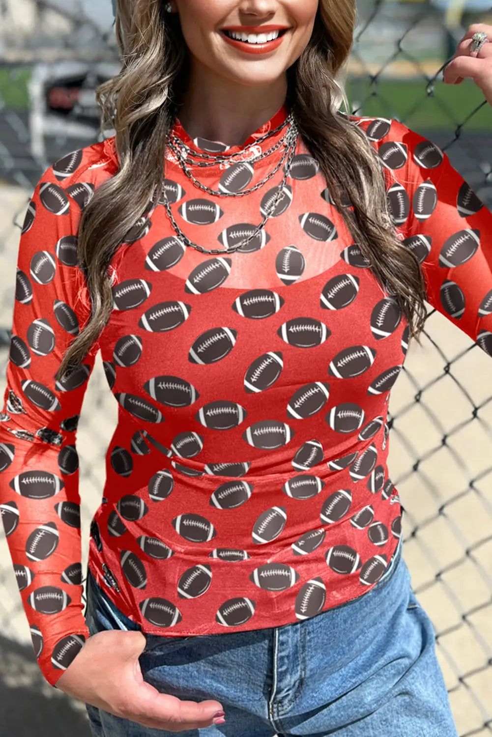 Red Game Day Rugby Mesh Sheer Long Sleeve Top Dear-Lover Dropshipping