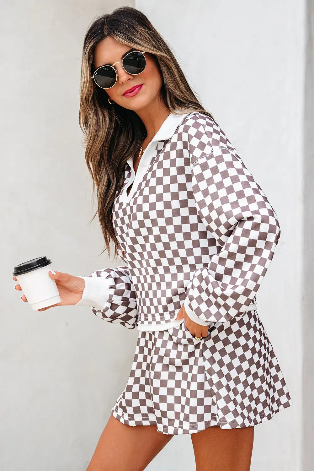 Khaki Checkered Print Polo Collar Cropped Long Sleeve Top Drawstring Mini Skirt Set Dear-Lover Dropshipping
