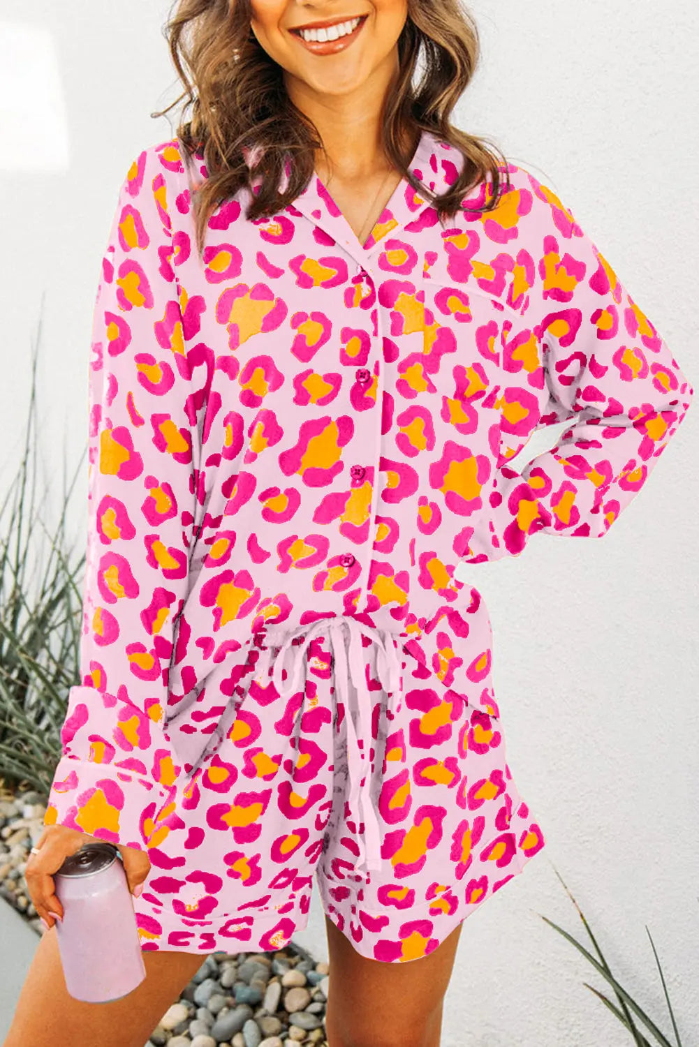 Pink Leopard Print Long Sleeve Shirt and Shorts Pajama Set Dear-Lover Dropshipping