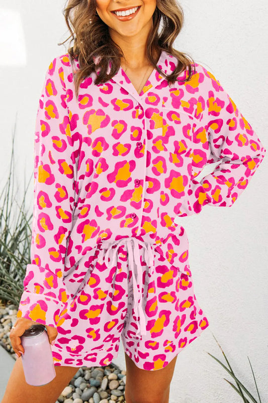 Pink Leopard Print Long Sleeve Shirt and Shorts Pajama Set Dear-Lover Dropshipping